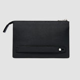 Black leather pouch with a strap on a light gray background