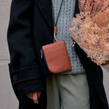 Brown Italian leather zip wallet with silver YKK zipper and detachable chain - minimalist slim design for everyday carry