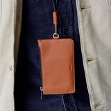 Compact zip leather wallet with strap - brown color