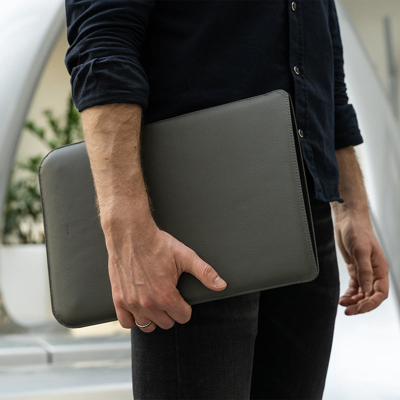 Grey Leather MacBook Sleeve in Hands