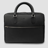 Black leather briefcase on a light gray background