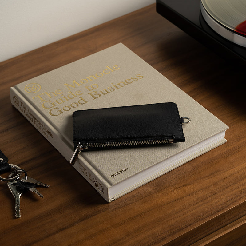 Black Leather Zip Pouch Wallet on the Table