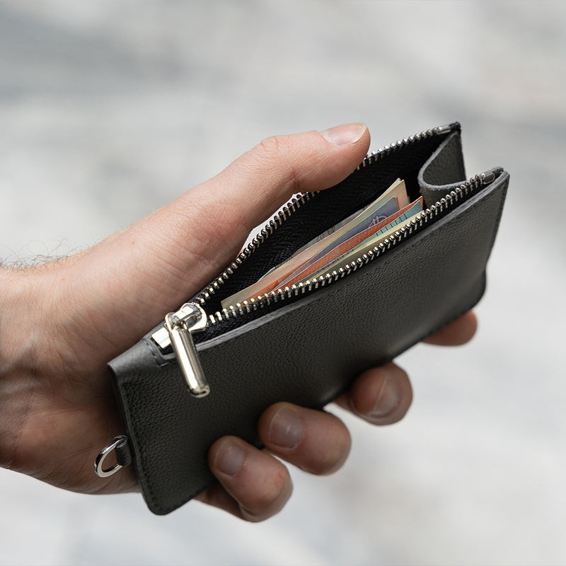 Grey Leather Zip Pouch Wallet - Open