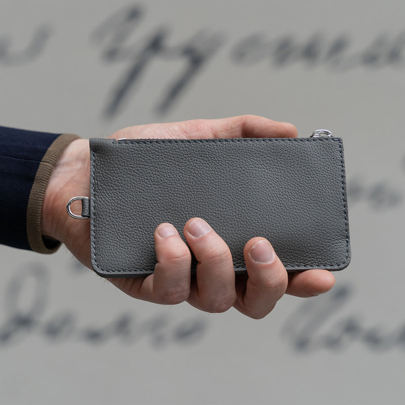 Grey Leather Zip Pouch Wallet in Hands