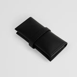 Leather watch roll case closed. Side photo. Black color